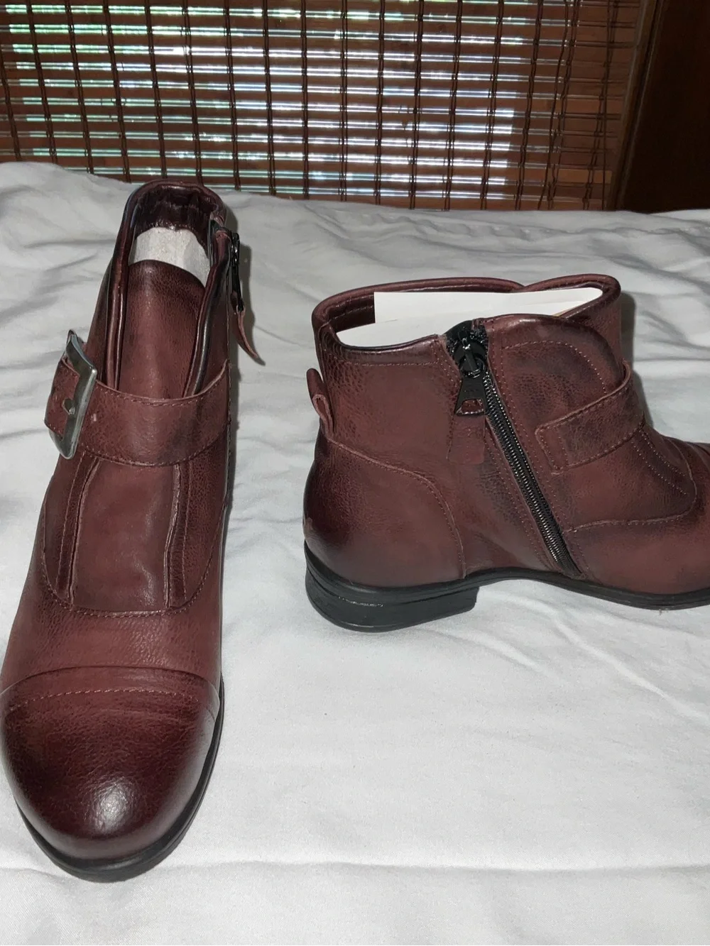 Miz Mooz Burgundy Leather Ankle Booties with Side Zip & Buckle